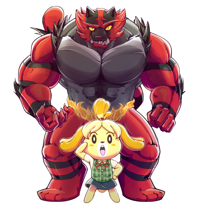 :o abs ambiguous_gender animal_crossing anthro barazoku barefoot biceps canine claws clothed clothing crossover daily-incineroar dog eyelashes fangs feline female fire floppy_ears fur incineroar isabelle_(animal_crossing) looking_at_viewer mammal manly muscular nintendo nude open_mouth pecs pok&eacute;mon pok&eacute;mon_(species) pose sharp_claws sharp_teeth shih_tzu shirt simple_background size_difference skirt standing teeth thick_thighs tongue triceps video_games white_background wrestler yellow_eyes