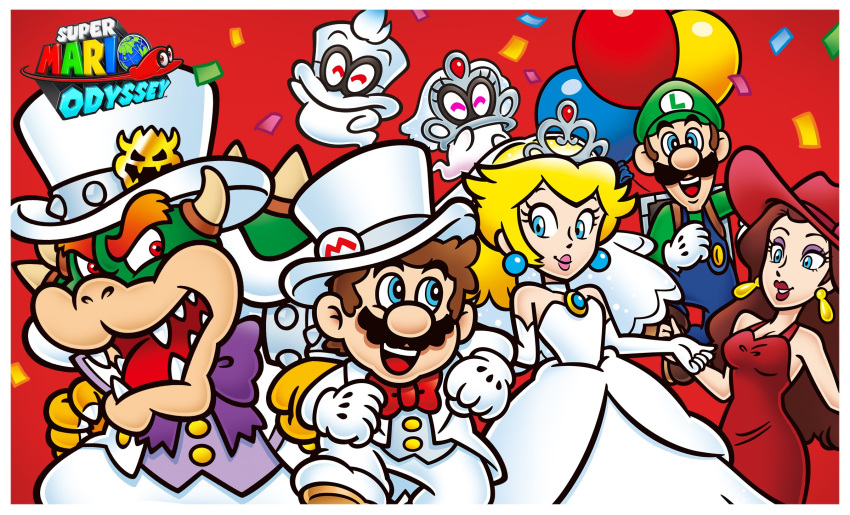 balloon bonneter bowser cappy_(mario) clothing crown dancing female ghost group hat human koopa luigi male mammal mario mario_bros nintendo official_art pauline princess_peach reptile scalie spirit super_mario_odyssey tiara_(mario) turtle video_games