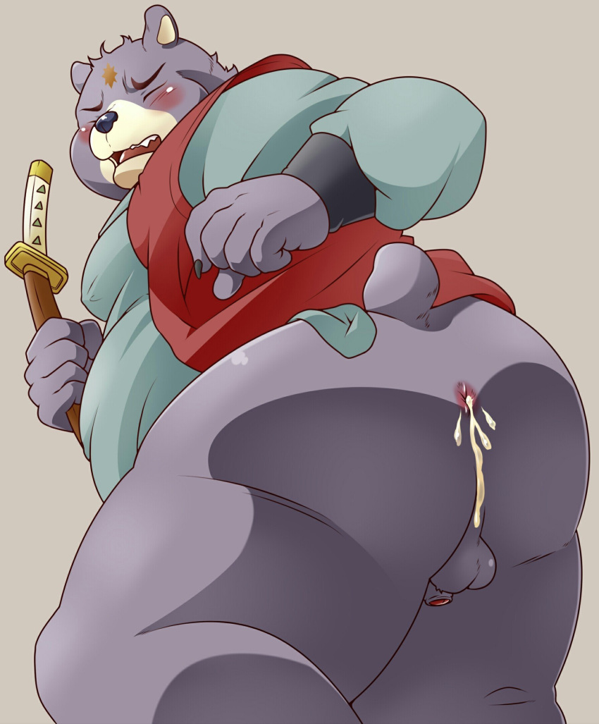 2018 anthro balls bear belly blush butt clothing cum eyes_closed flaccid fur humanoid_hands male mammal melee_weapon nengasama ninpen_manmaru overweight overweight_male penis pomupomu490 purple_fur shirt simple_background solo sword weapon