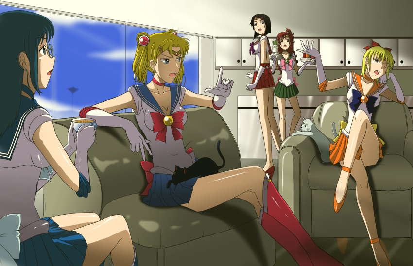 artemis_(sailor_moon) bishoujo_senshi_sailor_moon blonde_hair blue_sailor_collar breasts cleavage commentary_request couch highres hino_rei kakkii kino_makoto long_hair luna_(sailor_moon) magical_girl mizuno_ami multiple_girls older sailor_collar sailor_jupiter sailor_mars sailor_mercury sailor_moon sailor_senshi sailor_senshi_uniform sailor_venus short_hair tsukino_usagi