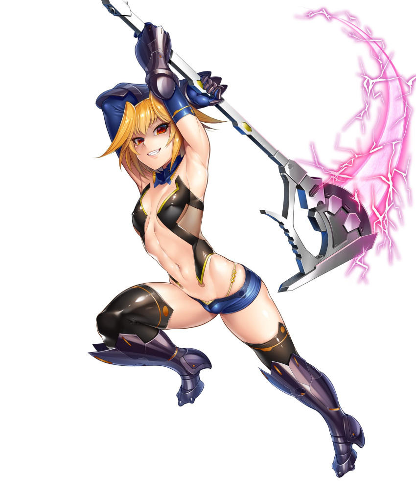 1girl blonde_hair boots breasts curvy female gloves jumping lebe_safree_(taimanin_asagi) lilith-soft looking_at_viewer nipples no_bra partially_visible_vulva scythe shiny shiny_skin short_hair short_shorts shorts simple_background small_breasts smile solo taimanin_(series) taimanin_asagi_battle_arena weapon white_background yellow_eyes zol