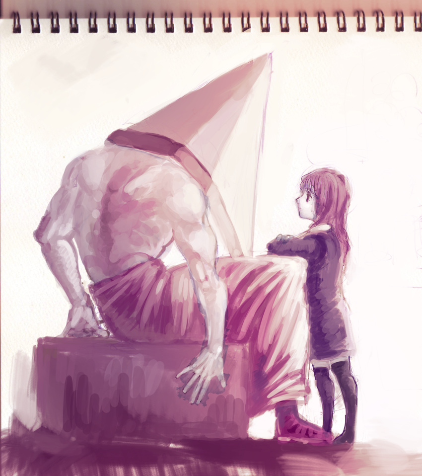 1girl absurdres alessa_gillespie binding_discoloration black_hair commentary_request dress hat helmet highres long_hair monster muscle pyramid_head scan shirtless silent_hill silent_hill_(movie) sketchpad thighhighs