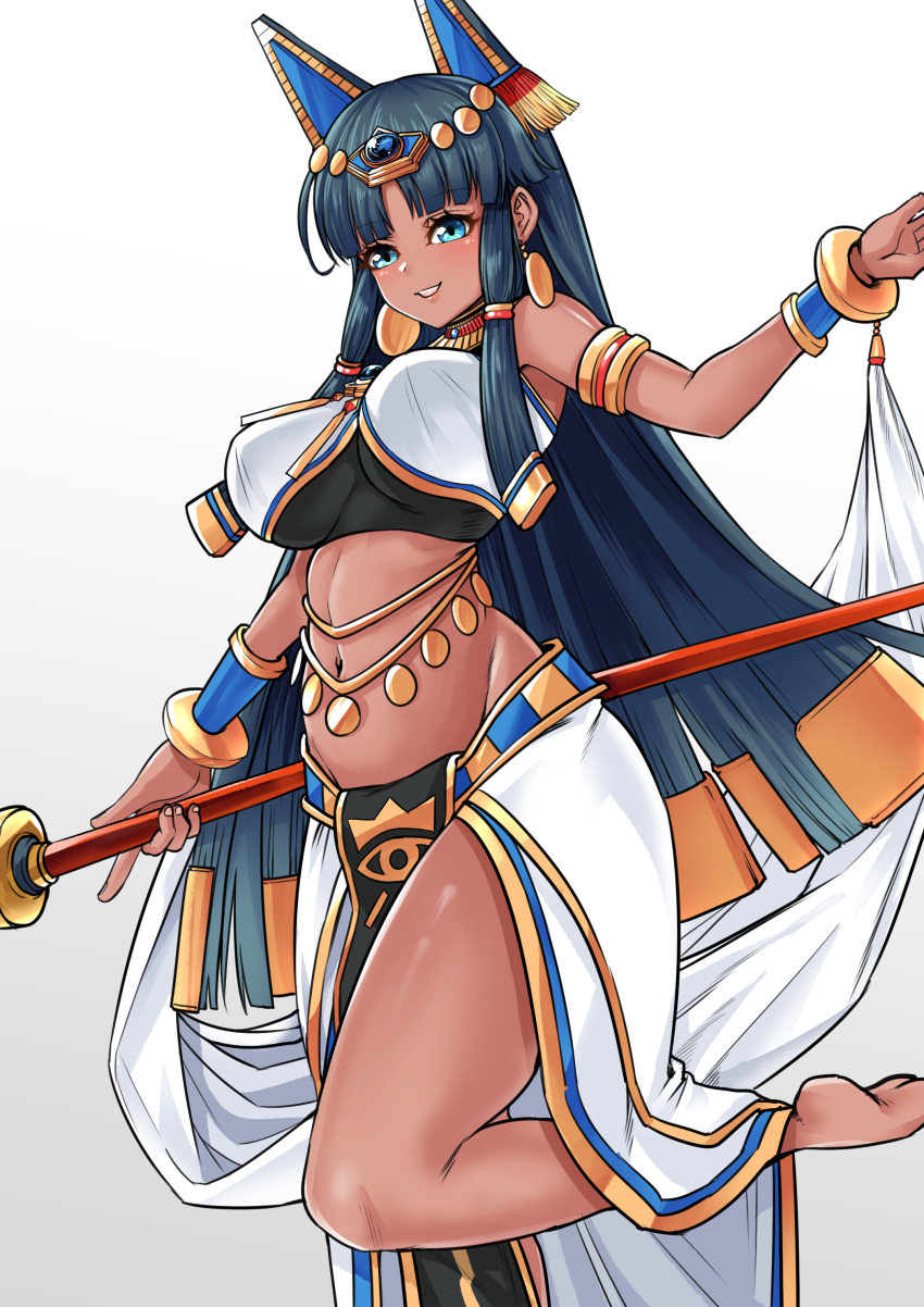 absurdres animal_ears armlet bangs bare_shoulders barefoot belly_chain black_hair blue_eyes blunt_bangs blunt_ends blush bracelet breasts cleopatra_(grand_chase) crop_top dark_skin earrings egyptian egyptian_clothes eyebrows_visible_through_hair fake_animal_ears fringe_trim from_side gem gradient gradient_background grand_chase grey_background groin hair_ornament highres hips holding holding_staff holding_weapon impossible_clothes jewelry large_breasts leg_lift long_hair midriff navel neck_ring outstretched_arms parted_bangs parted_lips pelvic_curtain shawl side_slit sidelocks sideways_glance skirt smile solo spread_arms staff standing standing_on_one_leg straight_hair thighs upper_teeth very_long_hair weapon white_background white_skirt wolf_ears yong-gok
