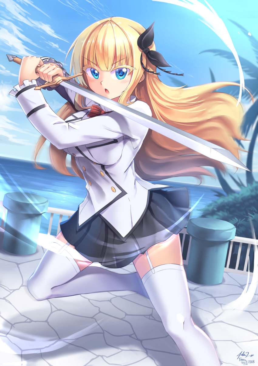 1girl bangs black_bow black_skirt blonde_hair blue_eyes blue_sky blunt_bangs bow bowtie day eyebrows_visible_through_hair floating_hair frilled_sleeves frills garter_straps hair_bow highres holding holding_sword holding_weapon juliet_persia kishuku_gakkou_no_juliet leg_up long_hair long_sleeves loud miniskirt mystic-san ocean open_mouth outdoors palm_tree pleated_skirt red_bow seifuku signature skirt sky solo striped striped_bow striped_neckwear sword thighhighs tree v-shaped_eyebrows very_long_hair vest weapon white_legwear white_vest zettai_ryouiki