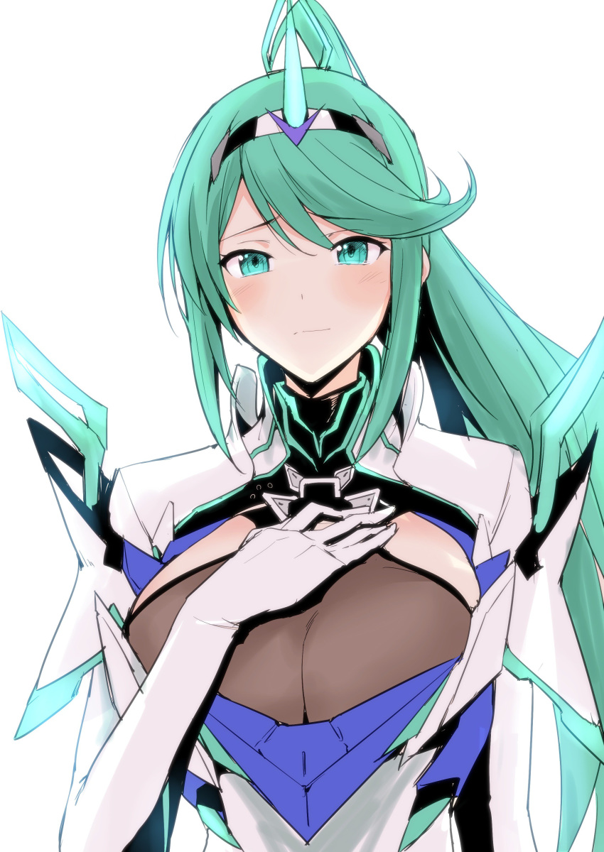 absurdres armor bangs blush bodysuit breasts cleavage eyebrows_visible_through_hair glowing green_eyes green_hair hairband hand_on_own_chest harukon_(halcon) highres horn large_breasts long_hair looking_at_viewer pneuma_(xenoblade_2) ponytail see-through sidelocks simple_background smile spoilers swept_bangs tears upper_body white_background xenoblade_(series) xenoblade_2