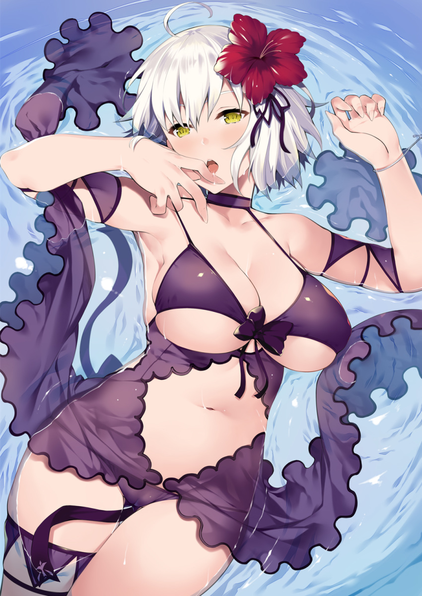 1girl ahoge bikini bikini_pull blush breasts choker cleavage fate/grand_order fate_(series) finger_to_mouth flower hair_flower hair_ornament hibiscus highres jeanne_d'arc_(alter)_(fate) jeanne_d'arc_(fate)_(all) large_breasts navel open_mouth partially_submerged purple_bikini saliva short_hair silver_hair solo swimsuit tachibana_yuu thigh_strap water yellow_eyes