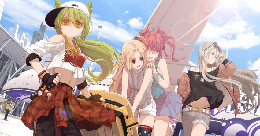 1boy 4girls ahoge aircraft airplane airport akashi_(azur_lane) animal_ears aran_sweater asymmetrical_clothes azur_lane baggy_pants bangs bare_shoulders bent black_blouse black_gloves black_panties black_pants blonde_hair blouse blue_skirt blue_sky blush bow bra bracelet breasts brown_jacket casual cat_ears chains cleveland_(azur_lane) closed_mouth clothes_around_waist cloud commentary crop_top crop_top_overhang day dishwasher1910 earrings ears_through_headwear enterprise_(azur_lane) eyebrows_visible_through_hair eyewear_on_head fang fingerless_gloves floating_hair gloves gold green_hair grey_pants grey_sweater hair_between_eyes hair_ornament hair_ribbon hair_scrunchie hand_on_hip hat highleg highleg_panties holding jacket jewelry large_breasts leaning_forward lens_flare long_hair long_sleeves looking_at_viewer low_ponytail luggage medium_breasts midriff multiple_girls navel necklace off-shoulder_blouse off_shoulder official_art one_side_up open_clothes open_jacket open_mouth orange_scrunchie outdoors panties pants pink_ribbon plaid plaid_sweater pleated_skirt purple_eyes red_eyes red_hair ribbon ruby_(gemstone) san_diego_(azur_lane) scrunchie shirt shoes short_shorts shorts shoulder_cutout sidelocks silver_hair single_pantsleg skindentation skirt sky sleeveless sleeveless_shirt small_breasts smile sneakers star star_print stud_earrings sunglasses sunlight sweater sweater_around_waist sweater_vest teal_shirt thighhighs tinted_eyewear tsurime twintails underwear very_long_hair watch white_bra white_crop_top white_hat white_shorts wind wristband yellow_bra yellow_eyes