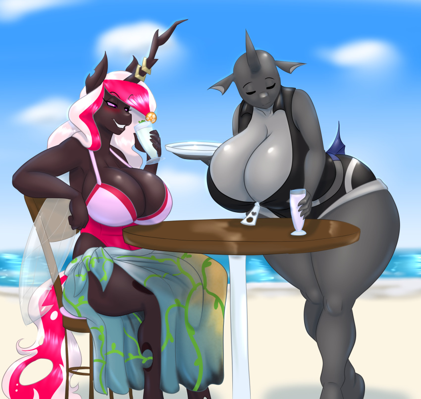 2019 absurd_res anthro big_breasts blues64 blush breasts changeling clothing duo eyes_closed female grin hair hi_res holding_object hole_(anatomy) horn huge_breasts marauder6272 multicolored_hair my_little_pony outside sinyxstra sitting smile swimsuit two_tone_hair