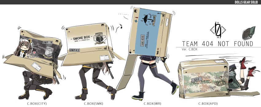404_(girls_frontline) 404_logo_(girls_frontline) 4girls assault_rifle book box cardboard_box commentary_request english_text g11_(girls_frontline) girls_frontline gun h&amp;k_g11 h&amp;k_hk416 h&amp;k_ump haguruma_(hagurumali) highres hk416_(girls_frontline) metal_gear_(series) metal_gear_solid_v multiple_girls pantyhose rifle shoes sneaking submachine_gun thighhighs ump45_(girls_frontline) ump9_(girls_frontline) weapon