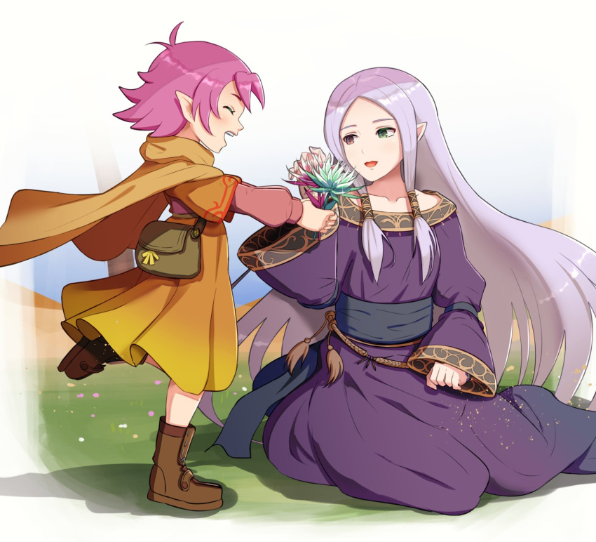 2girls boots cape dress eyes_closed fa fire_emblem fire_emblem:_fuuin_no_tsurugi fire_emblem_heroes flower from_side gonzarez green_eyes heterochromia highres holding holding_flower idoun leg_up long_hair long_sleeves mamkute multiple_girls nintendo open_mouth pointy_ears pouch purple_dress purple_hair red_eyes short_hair sidelocks sitting