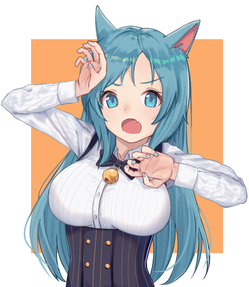 1girl :o animal_ears bangs bell black_neckwear blue_eyes blue_hair blue_nails bow bowtie breasts buttons cat_ears cat_girl collarbone collared_shirt dress_shirt fang frown hand_up highres itachi_kanade jingle_bell large_breasts long_hair long_sleeves looking_at_viewer nail_polish open_mouth orange_background original parted_bangs shirt solo striped striped_shirt two-tone_background underbust upper_body v-shaped_eyebrows white_background white_shirt