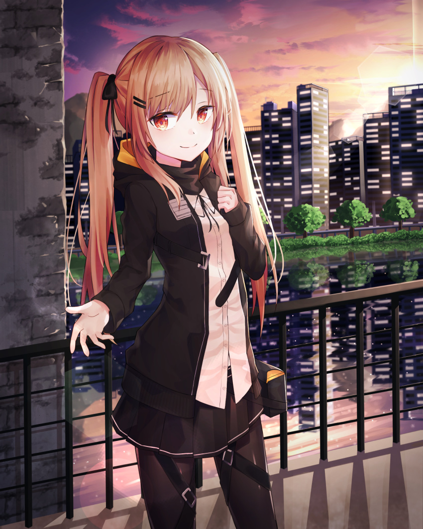 1girl bangs black_bow black_jacket black_ribbon black_skirt bow breasts brown_legwear building closed_mouth cloud cloudy_sky commentary dress_shirt eyebrows_visible_through_hair girls_frontline hair_between_eyes hair_bow hair_ornament hairclip hand_up highres hood hood_down hooded_jacket jacket light_brown_hair long_hair long_sleeves neck_ribbon open_clothes open_jacket outdoors pantyhose pleated_skirt railing red_eyes reflection ribbon river shiro_(acad1213) shirt sidelocks skirt sky skyscraper sleeves_past_wrists small_breasts smile solo sunset twintails ump9_(girls_frontline) very_long_hair water white_shirt