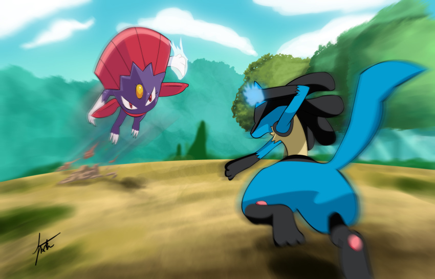 2008 blue_fur by-nd creative_commons digital_media_(artwork) duo energy fight fur gloves_(marking) jumping lucario markings motion_blur nintendo outside pok&eacute;mon pok&eacute;mon_(species) pok&eacute;mon_battle purple_body red_eyes running signature tree video_games weavile x0imaginazn0x yellow_fur