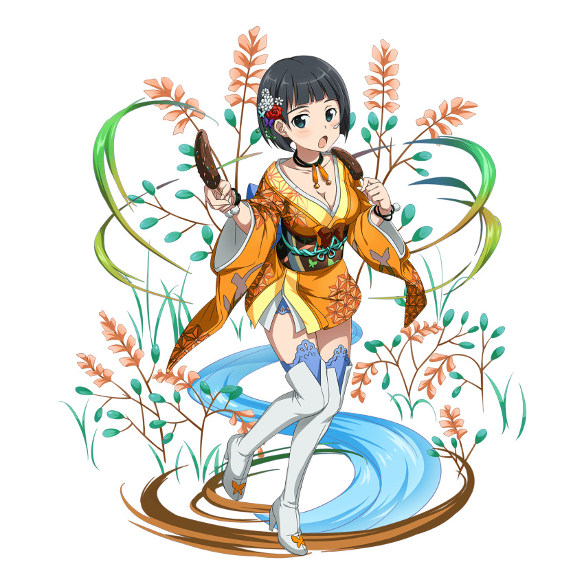 1girl :o animal_print augma black_hair black_ribbon blue_eyes blush boots bracelet butterfly_hair_ornament butterfly_print choker collarbone floral_print flower food full_body hair_flower hair_ornament highres holding holding_food japanese_clothes jewelry kimono kirigaya_suguha looking_at_viewer official_art orange_kimono pink_footwear print_kimono red_flower red_rose ribbon ribbon_choker rose shiny shiny_hair short_hair short_kimono solo standing standing_on_one_leg sword_art_online thigh_boots thighhighs transparent_background white_flower white_footwear zettai_ryouiki