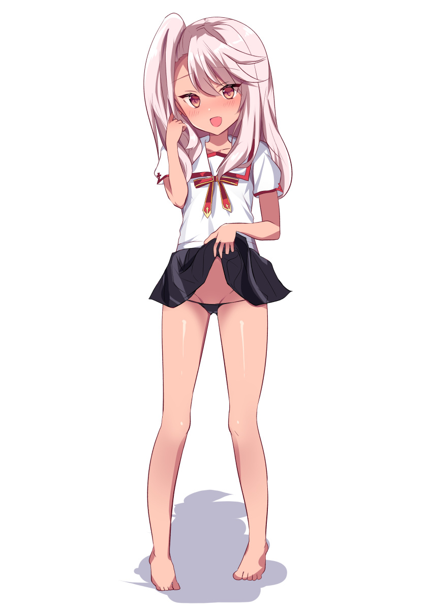 1girl absurdres bangs barefoot black_panties black_skirt blush chloe_von_einzbern dark_skin fate/kaleid_liner_prisma_illya fate_(series) feet full_body hair_between_eyes highres homurahara_academy_uniform legs long_hair looking_at_viewer natsu_(sinker8c) neck_ribbon one_side_up open_mouth orange_eyes panties pink_hair red_ribbon ribbon school_uniform shirt short_sleeves simple_background skirt skirt_lift smile solo swept_bangs tan thighs underwear white_background white_shirt