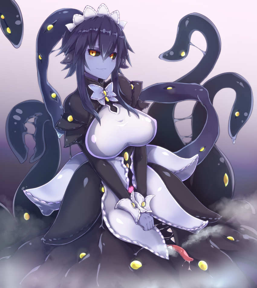 1girl alder apron black_hair breasts eldritch_abomination extra_mouth goo_girl hairband highres large_breasts long_hair looking_at_viewer maid maid_apron maid_headdress monster_girl monster_girl_encyclopedia ponytail purple_skin shoggoth_(monster_girl_encyclopedia) simple_background slime smile solo tentacle tentacles tentacles_under_clothes uniform yellow_eyes