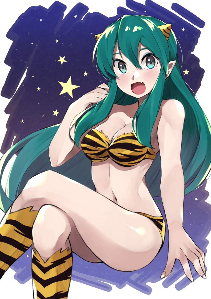 1girl :d absurdres animal_print aqua_hair bandeau bangs bare_arms bare_shoulders blue_eyes breasts cleavage collarbone eyeshadow fang fingernails hair_between_eyes hand_up highres kamekiti legs_crossed long_hair looking_at_viewer lum makeup medium_breasts midriff navel oni oni_horns open_mouth pointy_ears sitting smile solo star thighs tiger_print urusei_yatsura very_long_hair