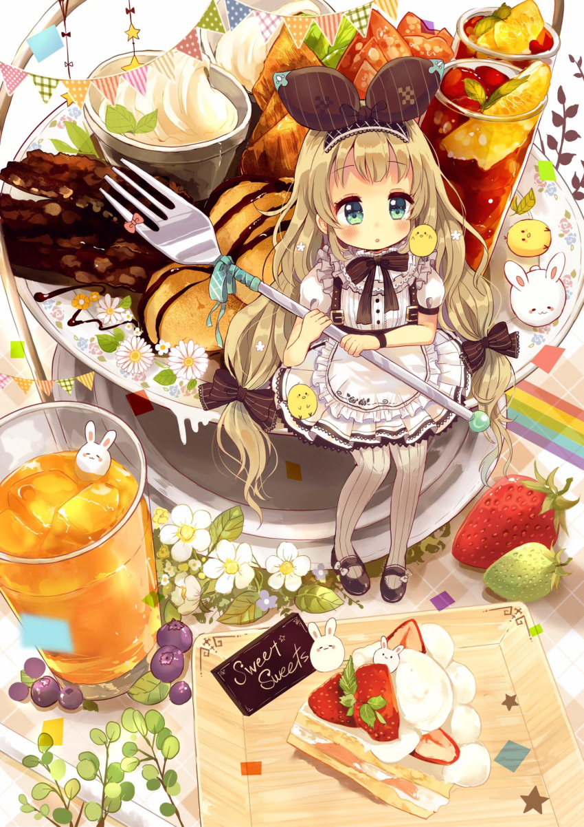 1girl :o apron bangs black_footwear blueberry blush bow brown_bow cake commentary_request cup dress_shirt drink drinking_glass eyebrows_visible_through_hair flower food fork frilled_apron frills fruit green_eyes hair_bow highres holding holding_fork ice ice_cube light_brown_hair long_hair mary_janes minigirl original pantyhose parted_lips pennant plaid pleated_skirt puffy_short_sleeves puffy_sleeves rainbow ribbed_legwear sakura_oriko shirt shoes short_sleeves sitting skirt slice_of_cake solo star strawberry string_of_flags striped striped_bow very_long_hair white_apron white_background white_flower white_legwear white_shirt white_skirt