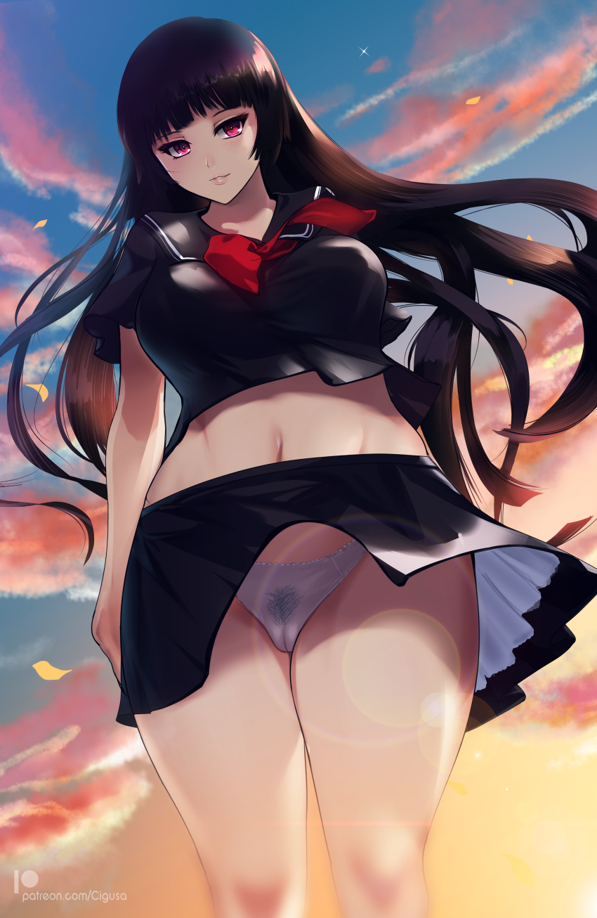 1girl absurdres black_hair breasts cameltoe cigusa ghost highres kanoe_yuuko large_breasts long_hair looking_at_viewer navel panties parted_lips pink_eyes pubic_hair school_uniform senria serafuku skirt smile solo tasogare_otome_x_amnesia underwear