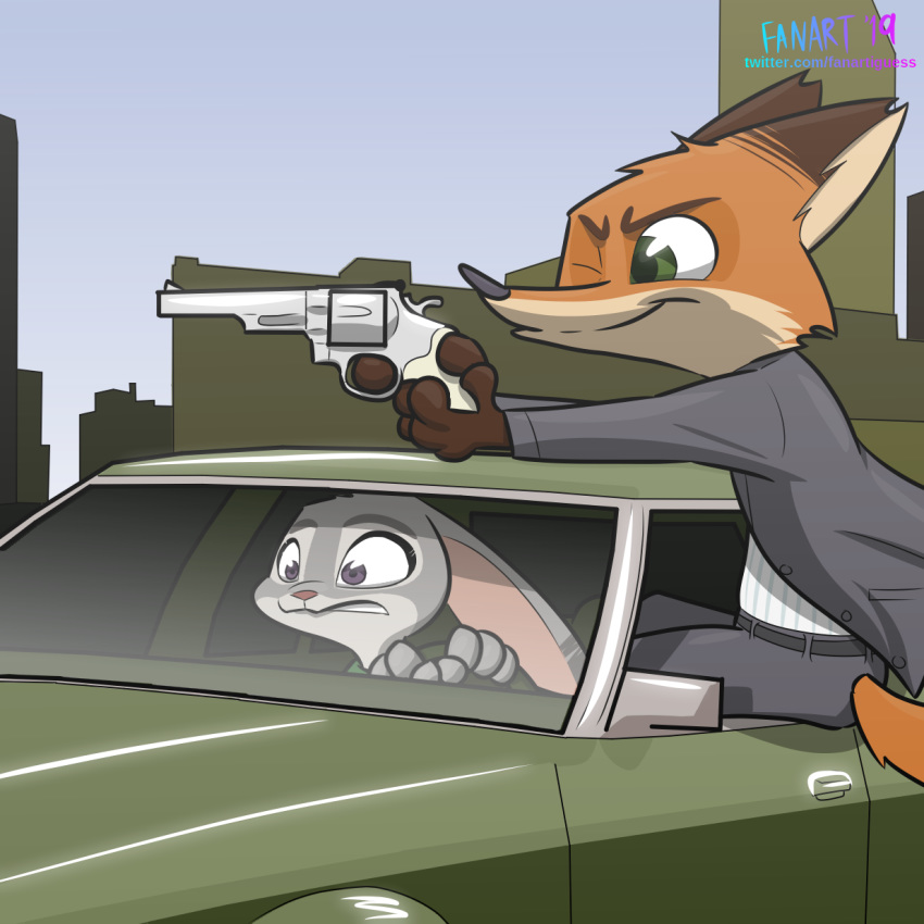 2019 anthro belt canid canine car cheek_tuft clothed clothing dipstick_ears disney driving duo fanartiguess female fox furgonomics green_eyes gun handgun hi_res holding_object holding_weapon inside_car judy_hopps lagomorph male mammal nick_wilde one_eye_closed outside purple_eyes rabbit ranged_weapon red_fox revolver signature tail_clothing tuft url vehicle weapon zootopia