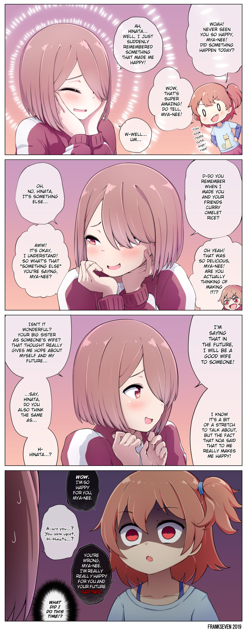 2girls 4koma :d absurdres blush brown_hair chibi collarbone comic commentary empty_eyes english_commentary english_text eyebrows_visible_through_hair fang frankseven hair_between_eyes hair_over_one_eye hands_on_own_face hands_up highres hoshino_hinata hoshino_miyako_(wataten) jacket long_sleeves multiple_girls open_mouth red_eyes red_jacket shaded_face short_hair siblings side_ponytail sisters smile track_jacket upper_body watashi_ni_tenshi_ga_maiorita! yandere