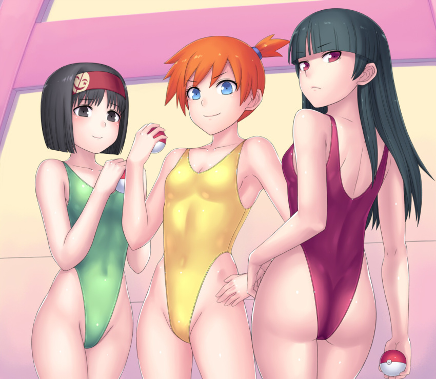 3girls ass black_hair blue_eyes breasts creatures_(company) erika_(pokemon) eyebrows game_freak hairband kasumi_(pokemon) leotard long_hair multiple_girls natsume_(pokemon) nintendo orange_hair pink_eyes pokeball pokemon ponytail short_hair side_ponytail smile swimsuit tied_hair