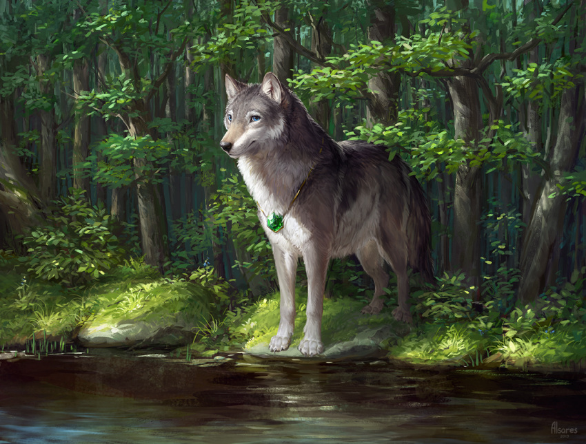 2019 alsareslynx ambiguous_gender black_nose blue_eyes canid canine canis day digital_media_(artwork) feral feral; forest grass jewelry looking_at_viewer mammal necklace outside smile solo tree water wolf