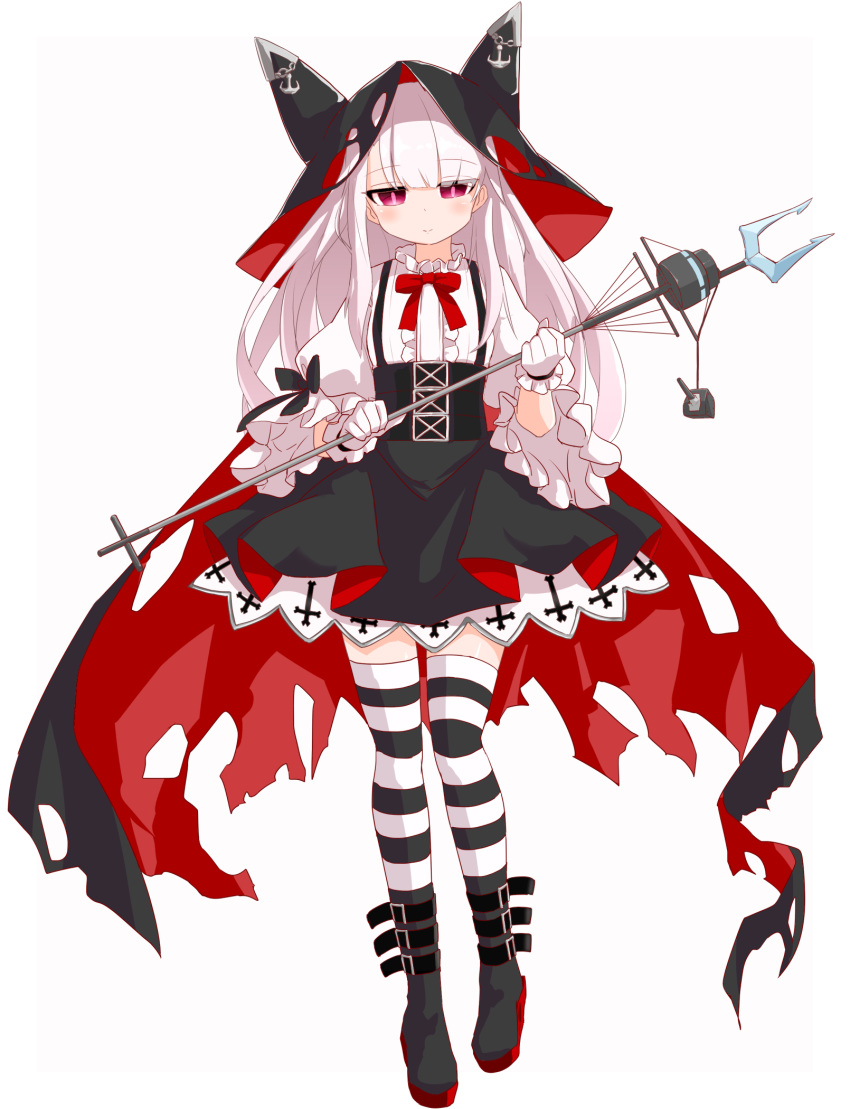 1girl azur_lane bangs black_cape black_footwear black_hat black_skirt blush boots bow cape center_frills closed_mouth commentary_request erebus_(azur_lane) eyebrows_visible_through_hair frills full_body gloves hair_between_eyes hat head_tilt highres hikyou_takarasou holding juliet_sleeves long_hair long_sleeves multicolored multicolored_cape multicolored_clothes pleated_skirt puffy_sleeves red_bow red_cape red_eyes shirt simple_background skirt smile solo standing standing_on_one_leg striped striped_legwear suspender_skirt suspenders thighhighs thighhighs_under_boots torn_cape torn_clothes torn_hat very_long_hair white_background white_gloves white_hair white_shirt wide_sleeves