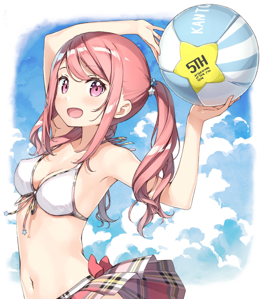 1girl :d arm_up armpits ball bare_arms bare_shoulders beachball blue_sky breasts cleavage cloud cloudy_sky collarbone erect_nipples fanbox_reward front-tie_bikini front-tie_top hair_ornament halter_top halterneck hand_up highres holding holding_ball kantoku kurumi_(kantoku) long_hair looking_at_viewer miniskirt navel open_mouth original paid_reward pink_hair plaid plaid_skirt purple_eyes sidelocks skirt sky small_breasts smile solo star star_hair_ornament stomach swimsuit twintails upper_body wavy_hair white_bikini_top