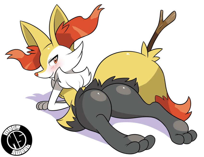 anthro blush braixen butt dipstick_tail female fluffy fluffy_tail happy inner_ear_fluff logo looking_at_viewer lying megasweet multicolored_tail nintendo pok&eacute;mon pok&eacute;mon_(species) presenting solo stick video_games