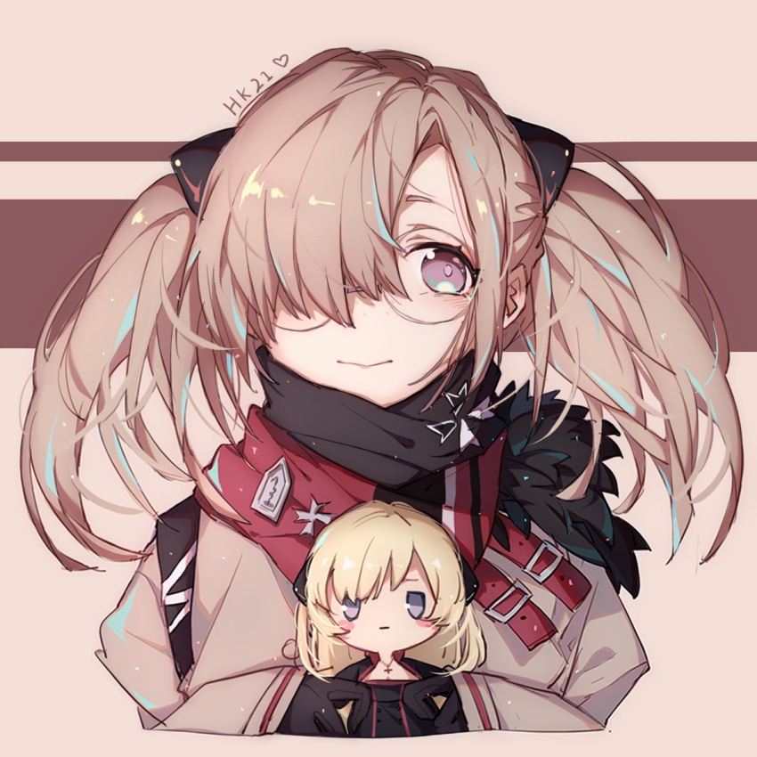 bangs black_scarf blank_eyes blonde_hair blush blush_stickers brown_background brown_hair closed_mouth commentary cross cross_necklace doll fur-trimmed_jacket fur_trim g3_(girls_frontline) girls_frontline glasses gloves hair_ornament hair_over_one_eye hk21_(girls_frontline) holding jacket jewelry long_hair long_sleeves necklace pollity purple_eyes scarf simple_background sleeves_past_wrists twintails