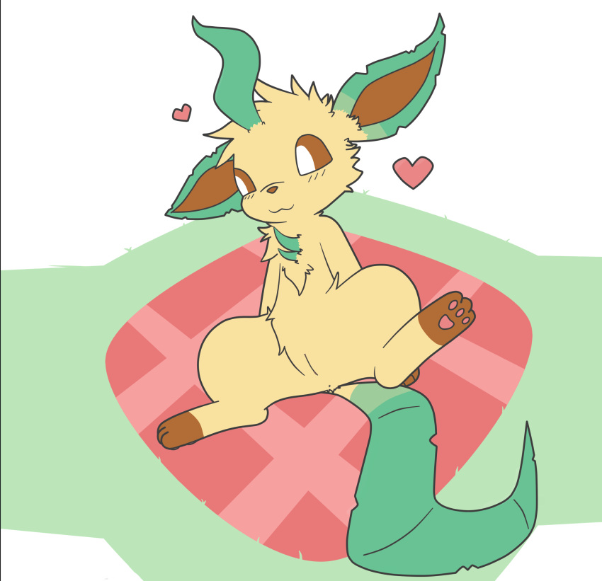 &lt;3 :3 anus bedding blanket blush brown_eyes brown_fur chibi_(c1-11131) digital_media_(artwork) eeveelution fan_character female fur grass hi_res leaf leafeon nintendo pawpads pok&eacute;mon pok&eacute;mon_(species) presenting_crotch pussy simple_background solo spread_legs spreading tan_fur video_games weblure white_background