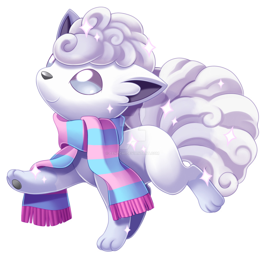 alolan_form alolan_vulpix alternate_color closed_mouth commentary commission creature creatures_(company) english_commentary full_body game_freak gen_1_pokemon highres looking_up nintendo no_humans pokemon pokemon_(creature) samantha_j_stroh scarf shiny_pokemon smile solo striped striped_scarf transparent_background vulpix