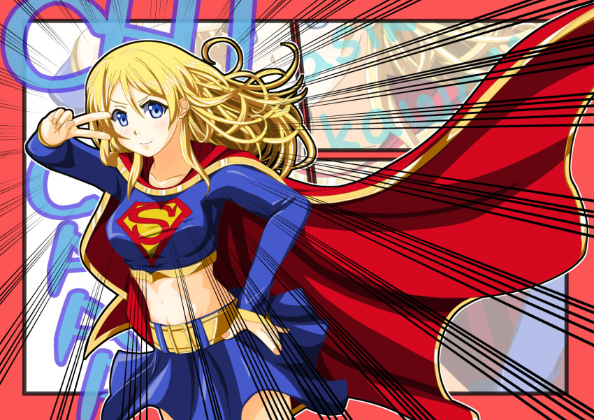 1girl ayase_eli cape cosplay costume dc_comics english_text horosho jou_(circlemay) long_hair love_live! love_live!_school_idol_project skirt sound_effects stomach supergirl supergirl_(cosplay) superhero v_over_eye