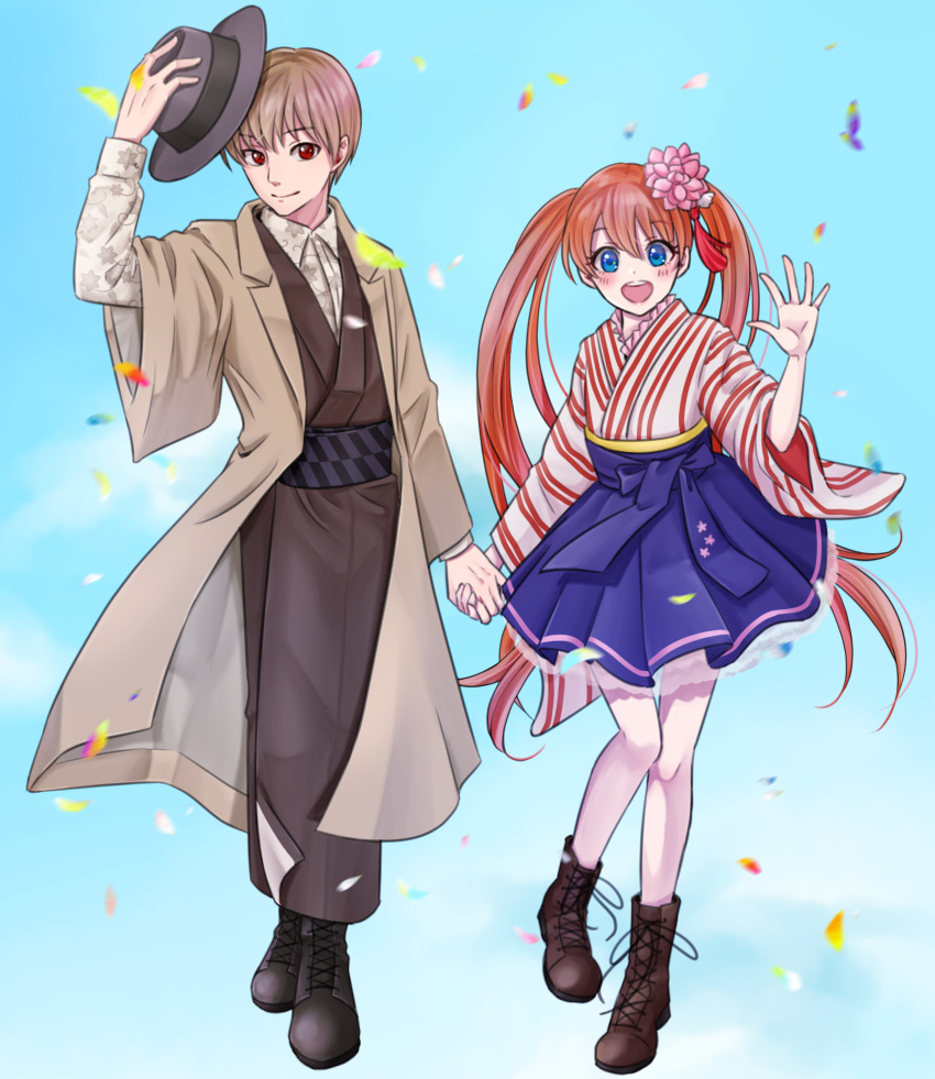 1boy 1girl :d black_hat blue_background blue_eyes blue_skirt blush boots bow brown_coat brown_footwear brown_hair brown_kimono coat eyebrows_visible_through_hair floating_hair gintama hair_between_eyes hair_bow hand_holding hat high-waist_skirt highres holding holding_hat japanese_clothes kagura_(gintama) kimono kuroneko_w1nter long_hair long_sleeves looking_at_viewer okita_sougo open_clothes open_coat open_mouth pink_bow pleated_skirt red_eyes skirt smile standing star star_print striped striped_kimono twintails very_long_hair white_legwear wide_sleeves