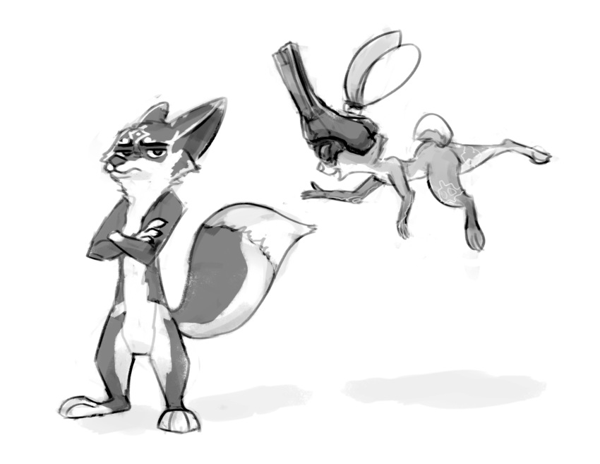 2019 anthro armor bluedouble canid canine cheek_tuft crossed_arms crossover disney duo female flying fox greyscale half-closed_eyes helmet hi_res judy_hopps lagomorph link looking_at_viewer male mammal midna monochrome nick_wilde nintendo nude rabbit simple_background smile standing the_legend_of_zelda tuft twilight_princess video_games white_background zootopia