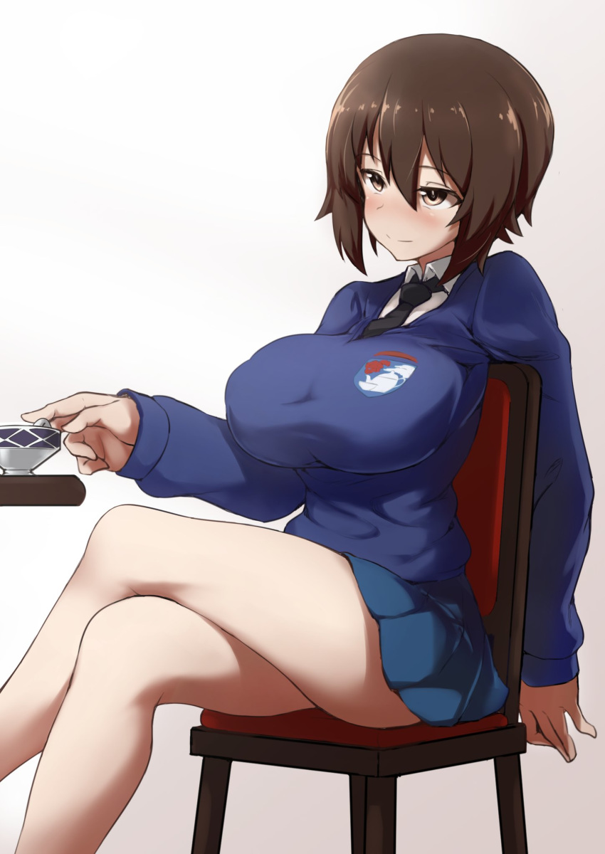 1girl bangs bare_legs black_neckwear blue_skirt blue_sweater breasts brown_eyes brown_hair chair commentary_request cup emblem erect_nipples girls_und_panzer hair_between_eyes highres large_breasts legs_crossed long_sleeves miniskirt necktie nishizumi_maho pleated_skirt school_uniform shanaharuhi shirt short_hair simple_background sitting skirt solo st._gloriana's_(emblem) st._gloriana's_school_uniform sweater teacup v-neck white_shirt