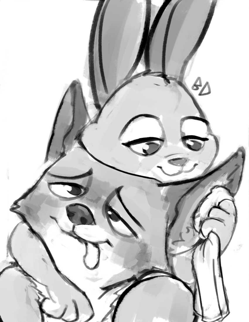 2019 :3 anthro assisted_bathing blep bluedouble canid canine cheek_tuft clothed clothing disney duo female fox greyscale half-closed_eyes hi_res holding_object holding_towel judy_hopps lagomorph looking_pleasured male mammal monochrome nick_wilde rabbit signature simple_background smile tongue tongue_out towel tuft white_background zootopia