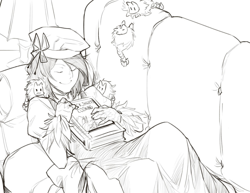 1girl book couch dress eyes_closed greyscale hat highres juliet_sleeves kikimora_(monster_girl_encyclopedia) lamp less long_dress long_sleeves lying medium_hair mofucore monochrome monster_girl monster_girl_encyclopedia on_back puffy_sleeves scales sketch smile