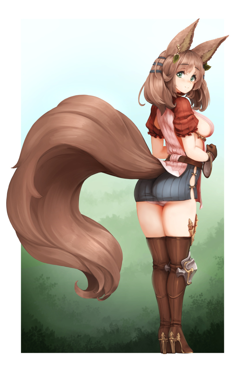 1girl animal_ear_fluff animal_ears ass barbariank belt boots breasts brown_footwear brown_gloves brown_hair commentary earrings english_commentary eyebrows_visible_through_hair fluffy from_behind full_body gloves granblue_fantasy high_heel_boots high_heels highres hip_vent jewelry la_coiffe_(granblue_fantasy) large_breasts long_hair looking_at_viewer panties puffy_short_sleeves puffy_sleeves short_sleeves smile solo tail thigh_boots thighhighs underwear white_panties