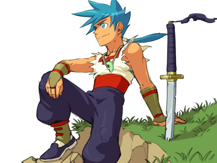 1boy blue_eyes blue_hair breath_of_fire breath_of_fire_iv closed_mouth commentary_request gloves grass highres jewelry necklace ryuu_(breath_of_fire_iv) seven77 solo sword weapon