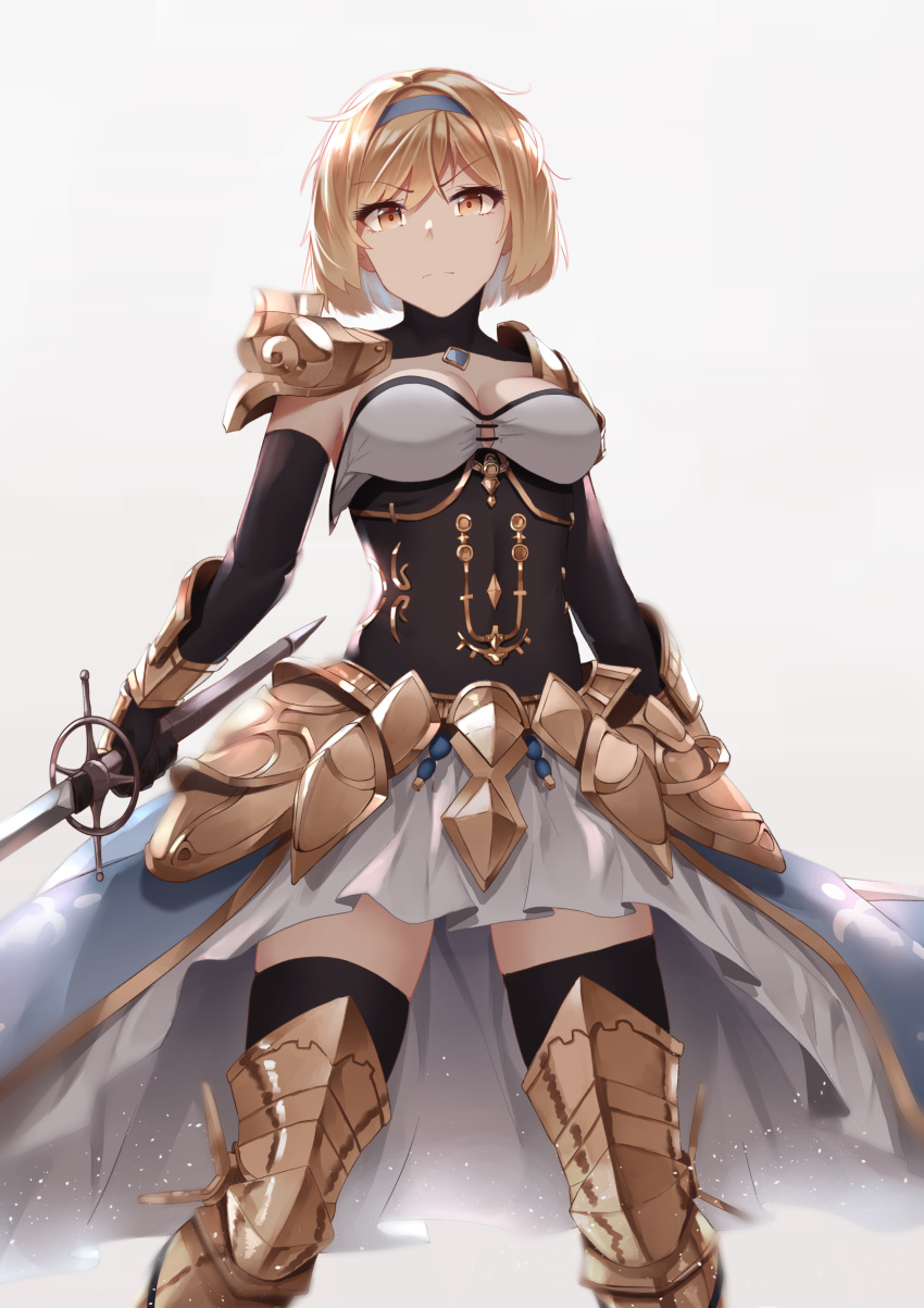 &gt;:( 1girl absurdres armor armored_boots arms_at_sides black_gloves blue_hairband boots breasts brown_eyes brown_hair cleavage closed_mouth commentary covered_navel detached_collar djeeta_(granblue_fantasy) elbow_gloves english_commentary faulds feet_out_of_frame gloves granblue_fantasy grey_background hairband highres holding holding_sword holding_weapon legs_apart looking_at_viewer medium_breasts mengo pauldrons serious short_hair shoulder_armor simple_background skirt solo standing strapless sword thighhighs thighhighs_under_boots vambraces weapon white_skirt zettai_ryouiki