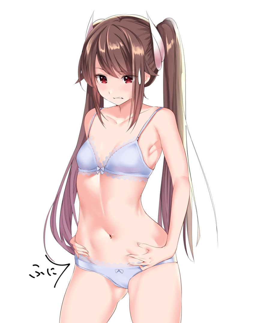 1girl armpits azur_lane bangs blue_panties bow bow_bra bow_panties bra breasts brown_hair clenched_teeth collarbone commentary_request cowboy_shot eyebrows_visible_through_hair fingernails groin hair_ornament hands_on_stomach haruna_(azur_lane) highres lace lace-trimmed_bra lace-trimmed_panties long_fingernails long_hair navel panties red_eyes schreibe_shura sidelocks signature simple_background small_breasts solo standing stomach teeth twintails underwear underwear_only very_long_hair white_background
