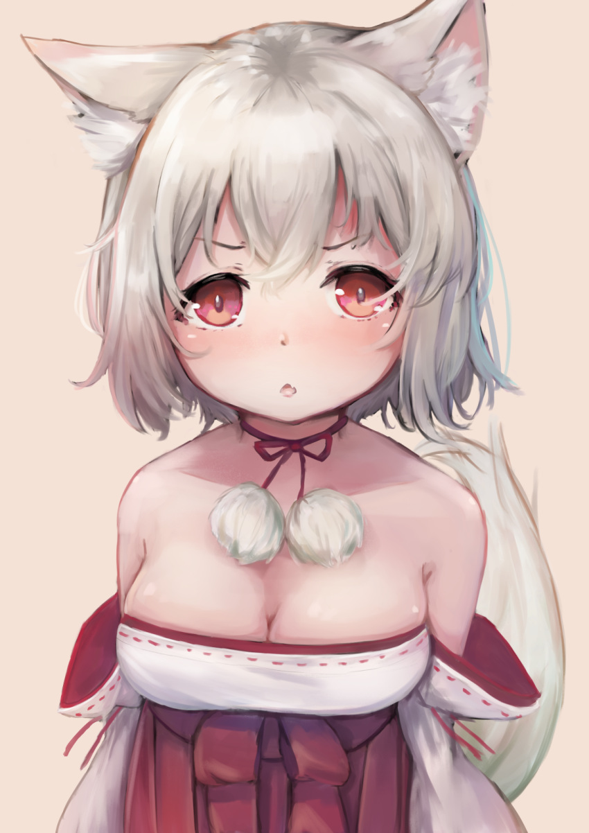 1girl :o animal_ear_fluff animal_ears bangs bare_shoulders breasts chestnut_mouth choker cleavage detached_sleeves fang hakama highres inubashiri_momiji japanese_clothes medium_breasts momiji_manjuu_(usagiblackmore) pink_eyes pom_pom_(clothes) red_choker red_hakama red_ribbon ribbon ribbon-trimmed_clothes ribbon-trimmed_sleeves ribbon_choker ribbon_trim short_hair silver_hair solo tail tail_raised touhou upper_body wolf_ears wolf_girl wolf_tail