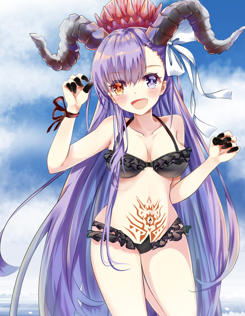 1girl :d arm_up bangs bare_arms bare_shoulders bikini black_bikini blue_sky blush bow breasts brown_eyes brown_ribbon cloud cloudy_sky collarbone curled_horns day eyebrows_visible_through_hair fate/grand_order fate_(series) frilled_bikini frills hair_between_eyes hair_bow hand_up heterochromia highres horns kingprotea long_hair medium_breasts mutang navel open_mouth outdoors pubic_tattoo purple_eyes purple_hair ribbon sidelocks sky smile solo standing standing_on_one_leg swimsuit tattoo very_long_hair white_bow wrist_ribbon