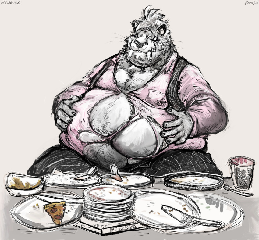 anthro aokmaidu belly belly_overhang big_belly chubby_cheeks claws clothed clothing double_chin fangs felid food fur hand_on_stomach love_handles machairodontine male mammal obese obese_male overweight overweight_male pizza sabertooth_(feature) sitting smile solo straining_buttons torn_clothing white_fur