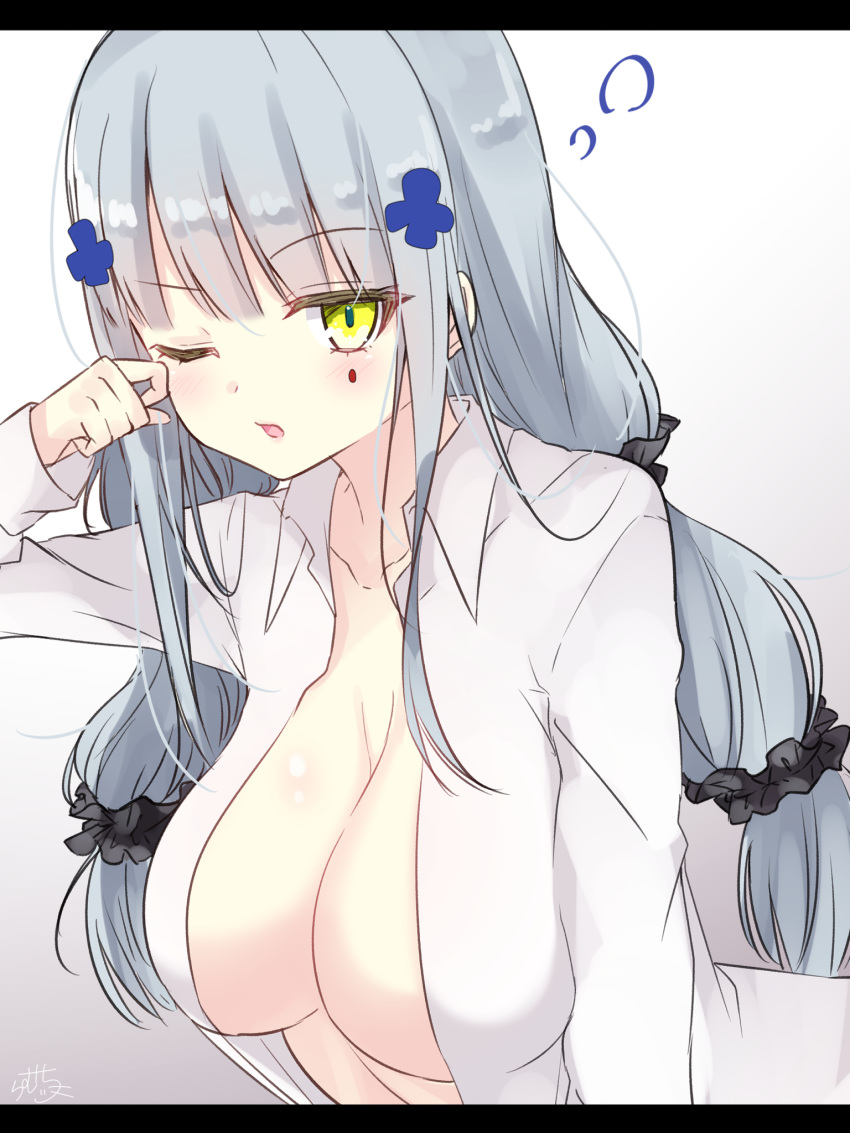 1girl bangs black_scrunchie blush breasts cleavage collared_shirt commentary_request dress_shirt eyebrows_visible_through_hair facial_mark girls_frontline green_eyes hair_ornament hair_scrunchie hand_up highres hk416_(girls_frontline) large_breasts leaning_forward letterboxed long_hair long_sleeves naked_shirt one_eye_closed open_clothes open_shirt parted_lips ramchi rubbing_eyes scrunchie shirt signature silver_hair sleepy solo very_long_hair white_shirt