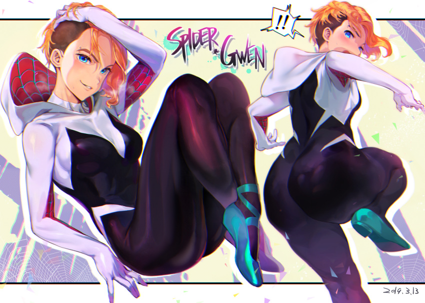 aqua_eyes ass blonde_hair bodysuit gwen_stacy hoodie marvel_comics shiroinuchikusyo short_hair skintight spider-gwen