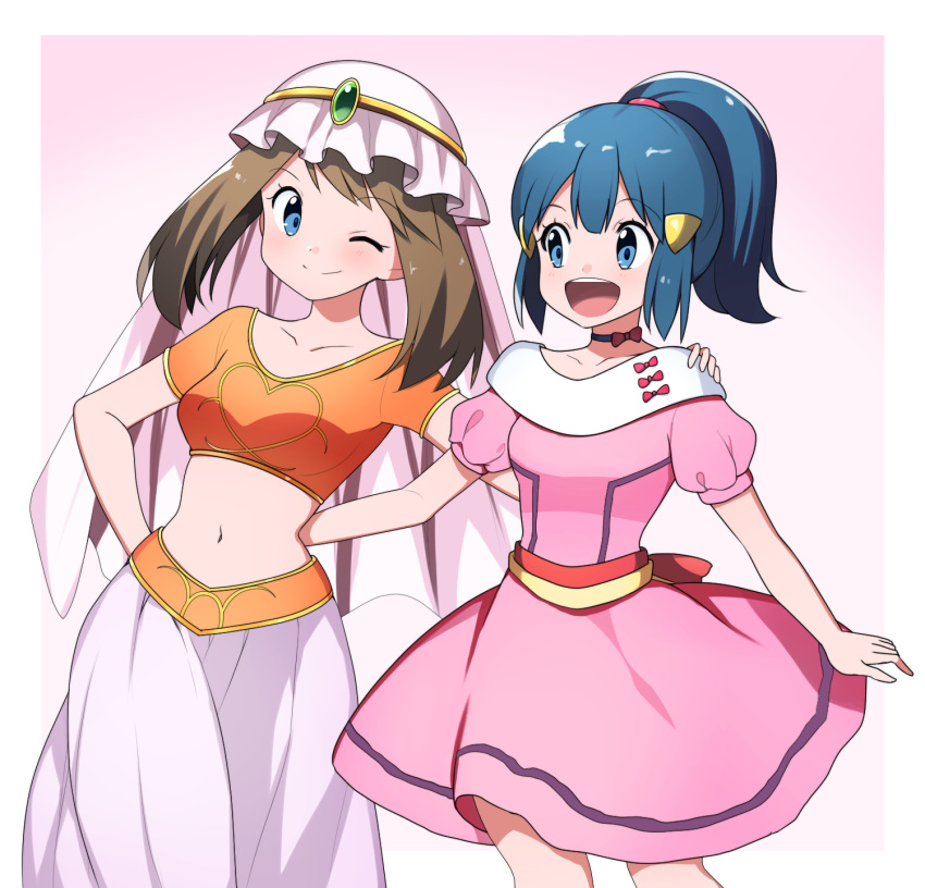 2girls belly blue_eyes blue_hair breasts brown_hair creatures_(company) dress eyebrows game_freak haruka_(pokemon) highres hikari_(pokemon) long_hair multiple_girls nintendo open_mouth pokemon ponytail smile stomach tied_hair