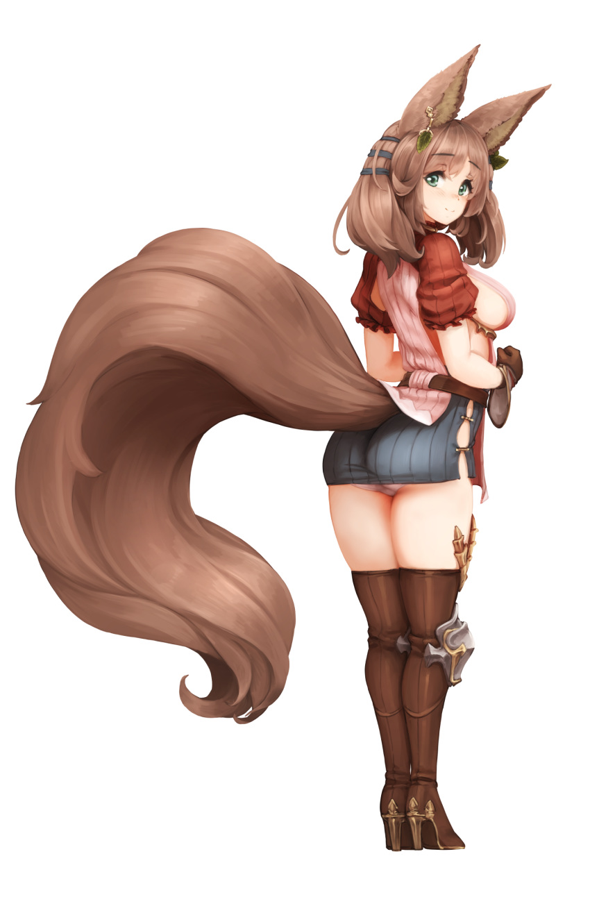 1girl animal_ear_fluff animal_ears ass barbariank belt boots breasts brown_footwear brown_gloves brown_hair commentary earrings english_commentary eyebrows_visible_through_hair fluffy from_behind full_body gloves granblue_fantasy high_heel_boots high_heels highres hip_vent jewelry la_coiffe_(granblue_fantasy) large_breasts long_hair looking_at_viewer panties puffy_short_sleeves puffy_sleeves short_sleeves smile solo tail thigh_boots thighhighs transparent_background underwear white_panties